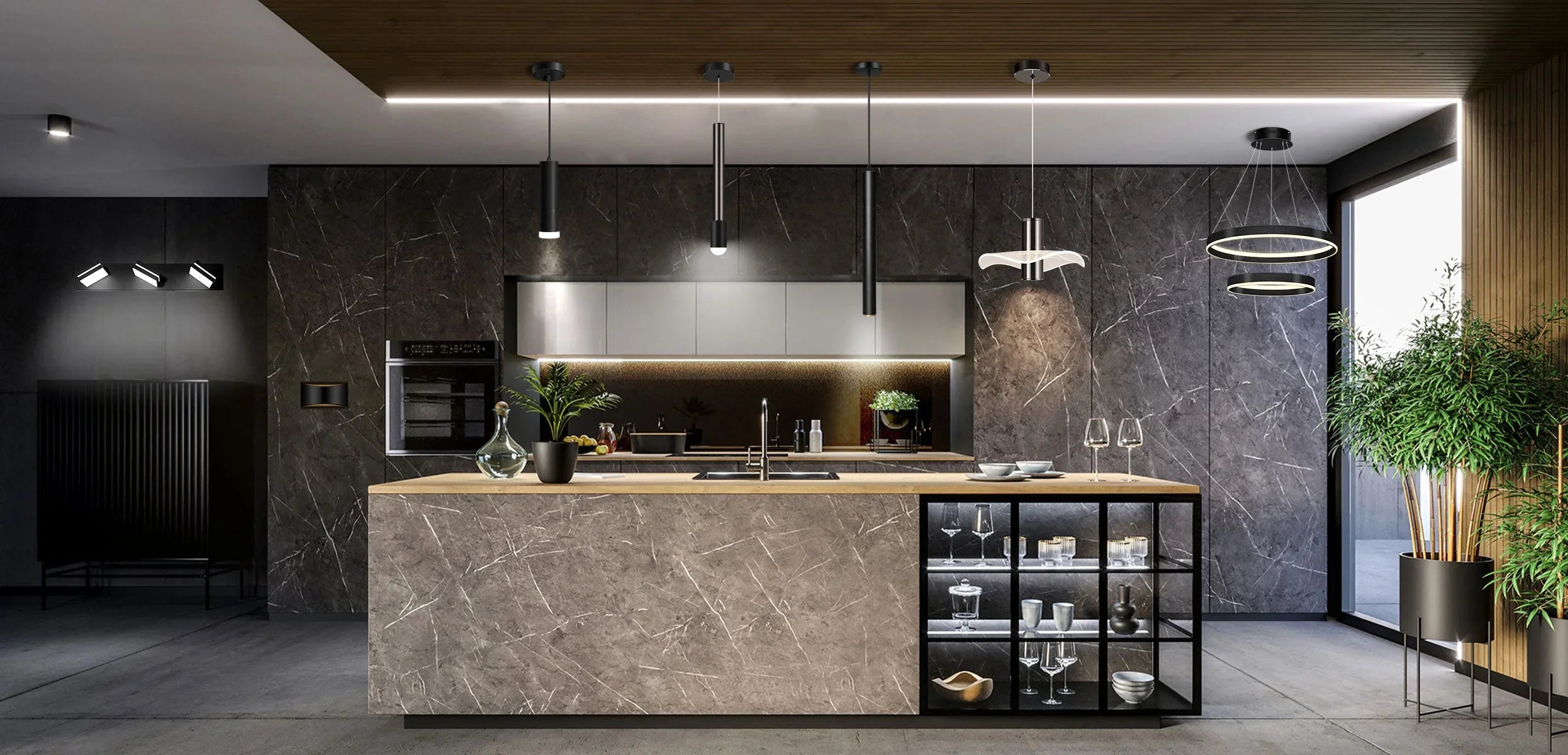 Modern kitchen with marble island, pendant lighting, glassware, and large potted plants