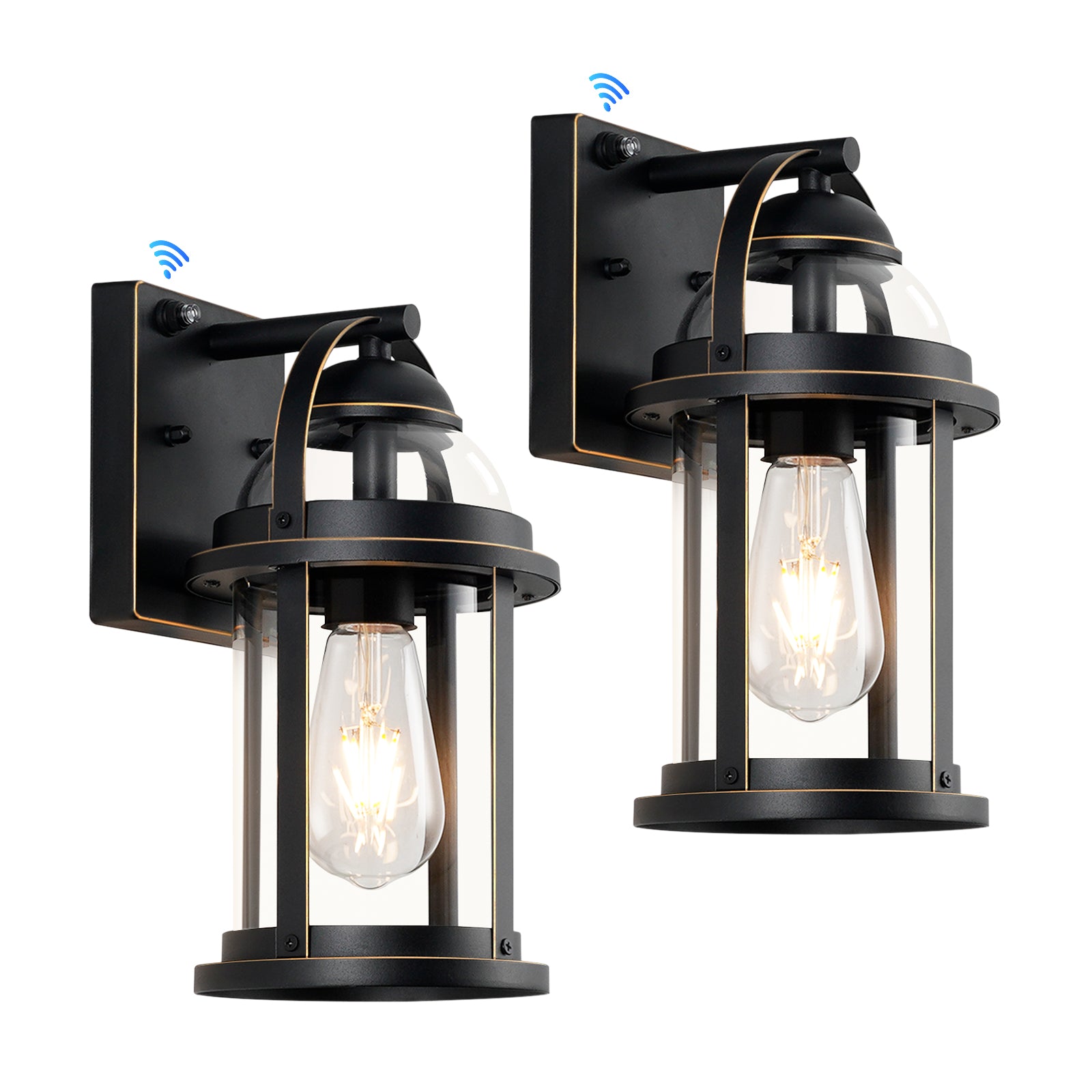 Two black outdoor wall lights with clear glass shades on a white background