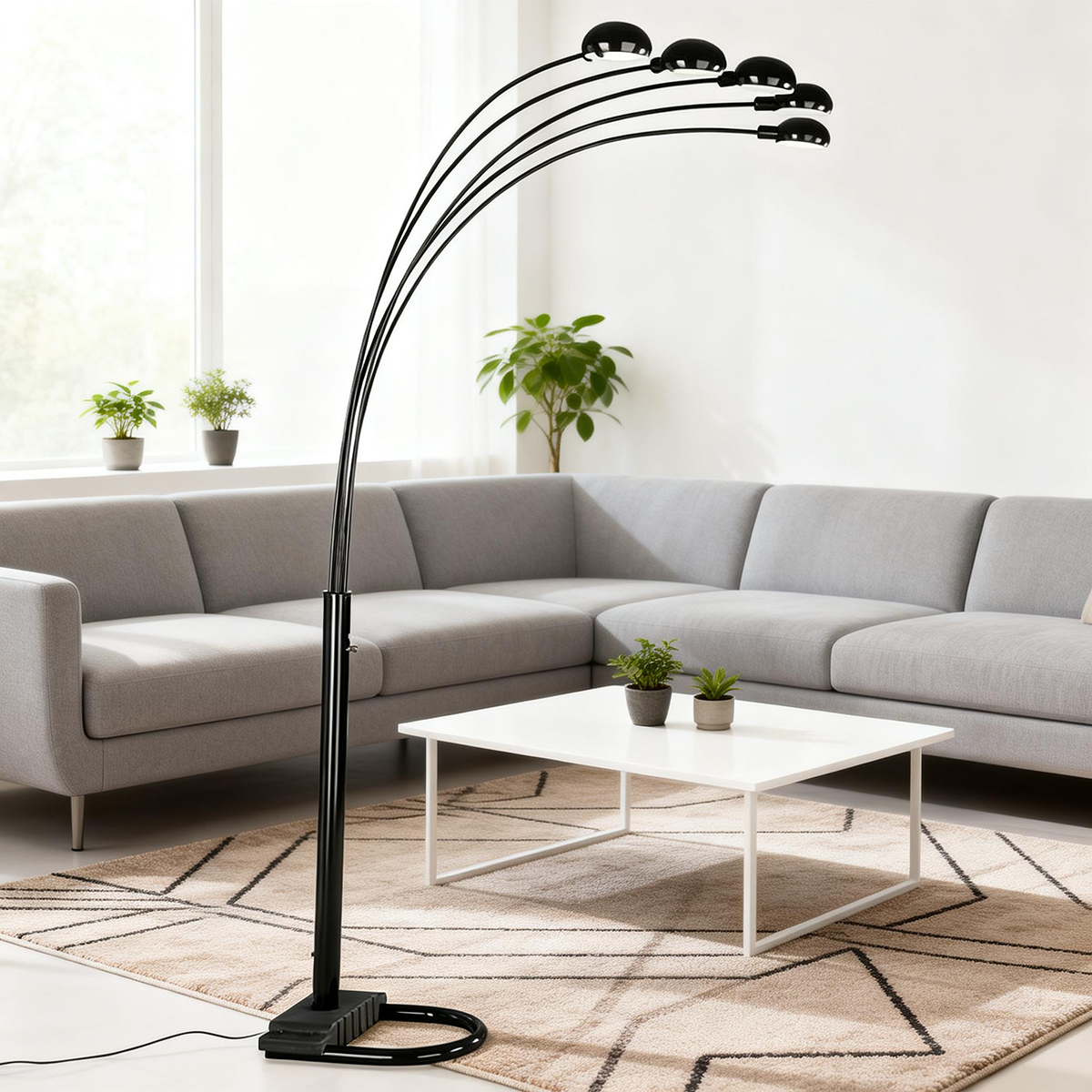 Satin Black 5-Light Floor Lamp with Adjustable Arms and Dimmer Modern Contemporary Living Room Lighting