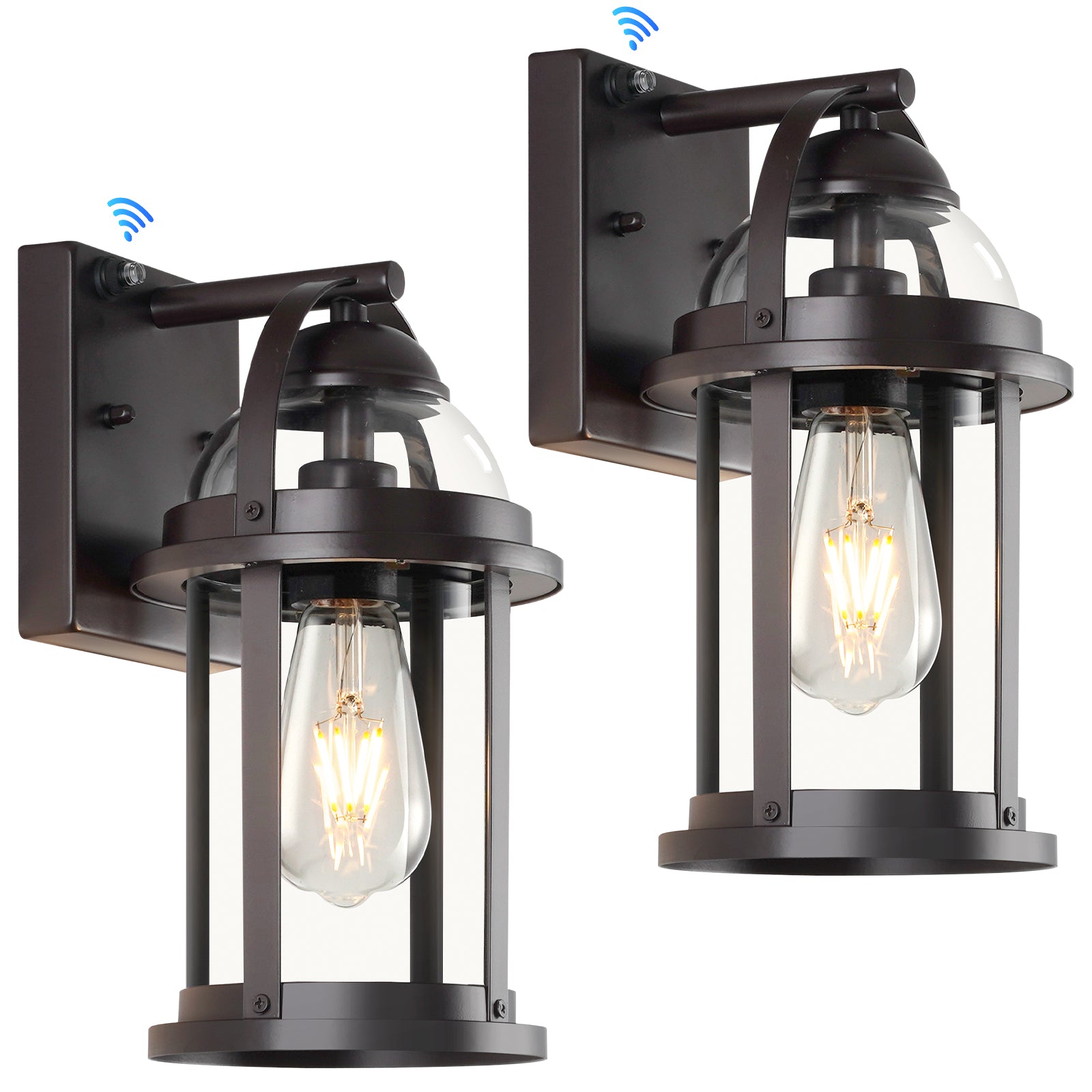 Two outdoor wall lights with clear glass shades on a white background