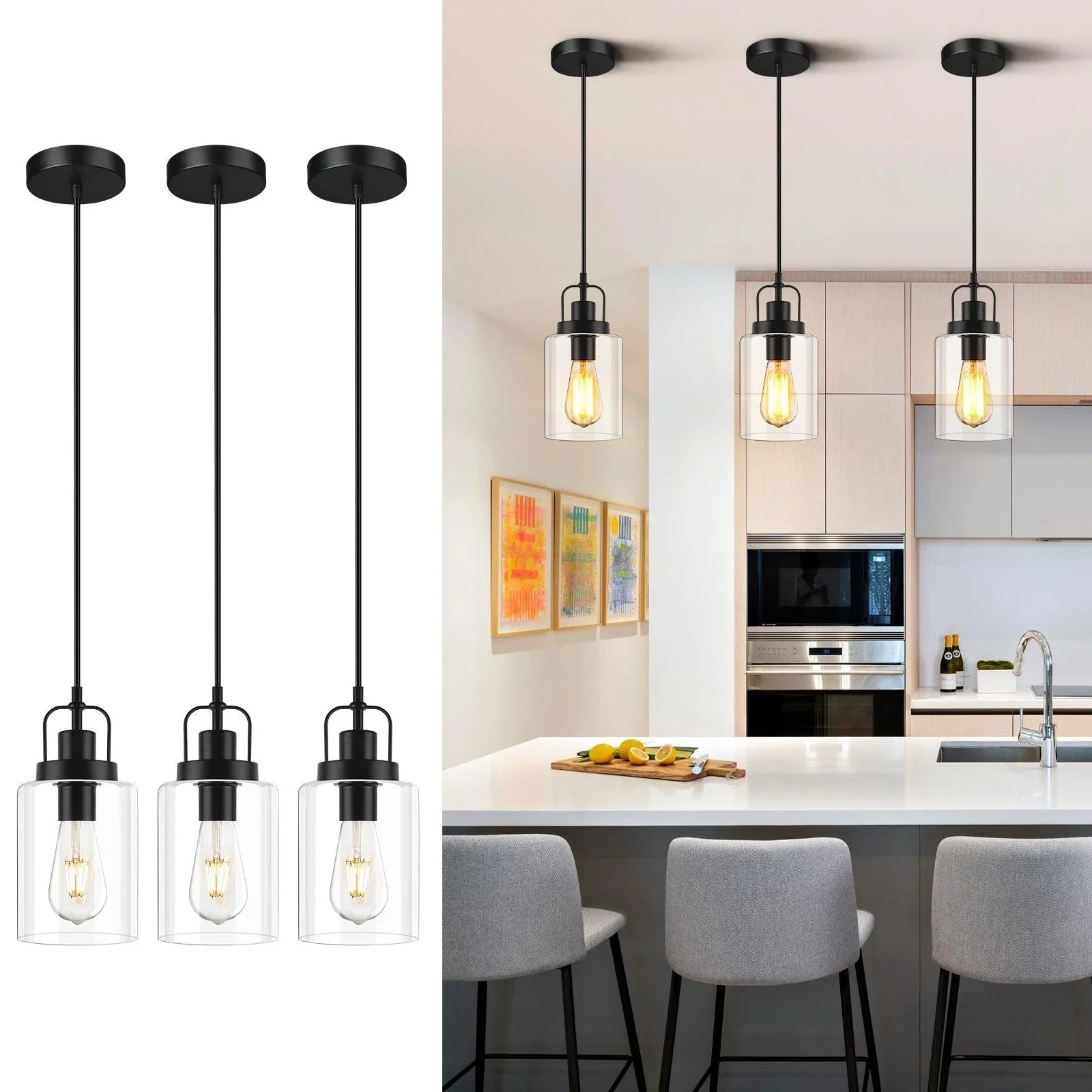 Pendant Light Kitchen Island 1-3-Pack Modern with Clear Glass Shade - okeli lights