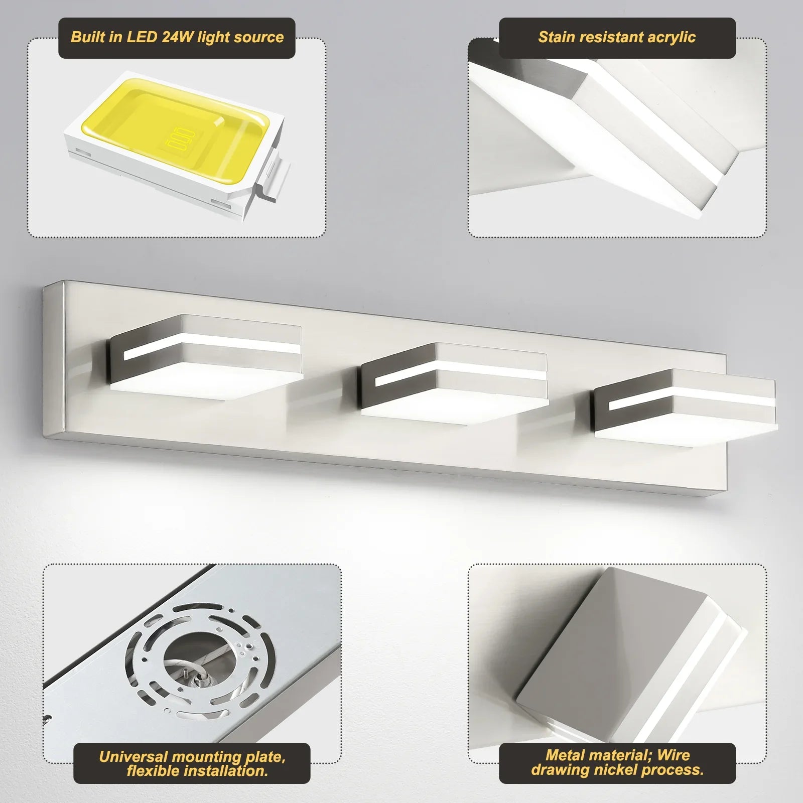 Bathroom Vanity Light Brushed Nickel Modern 24W LED 350° Adjustable Lamp Head ETL Listed - okeli lights