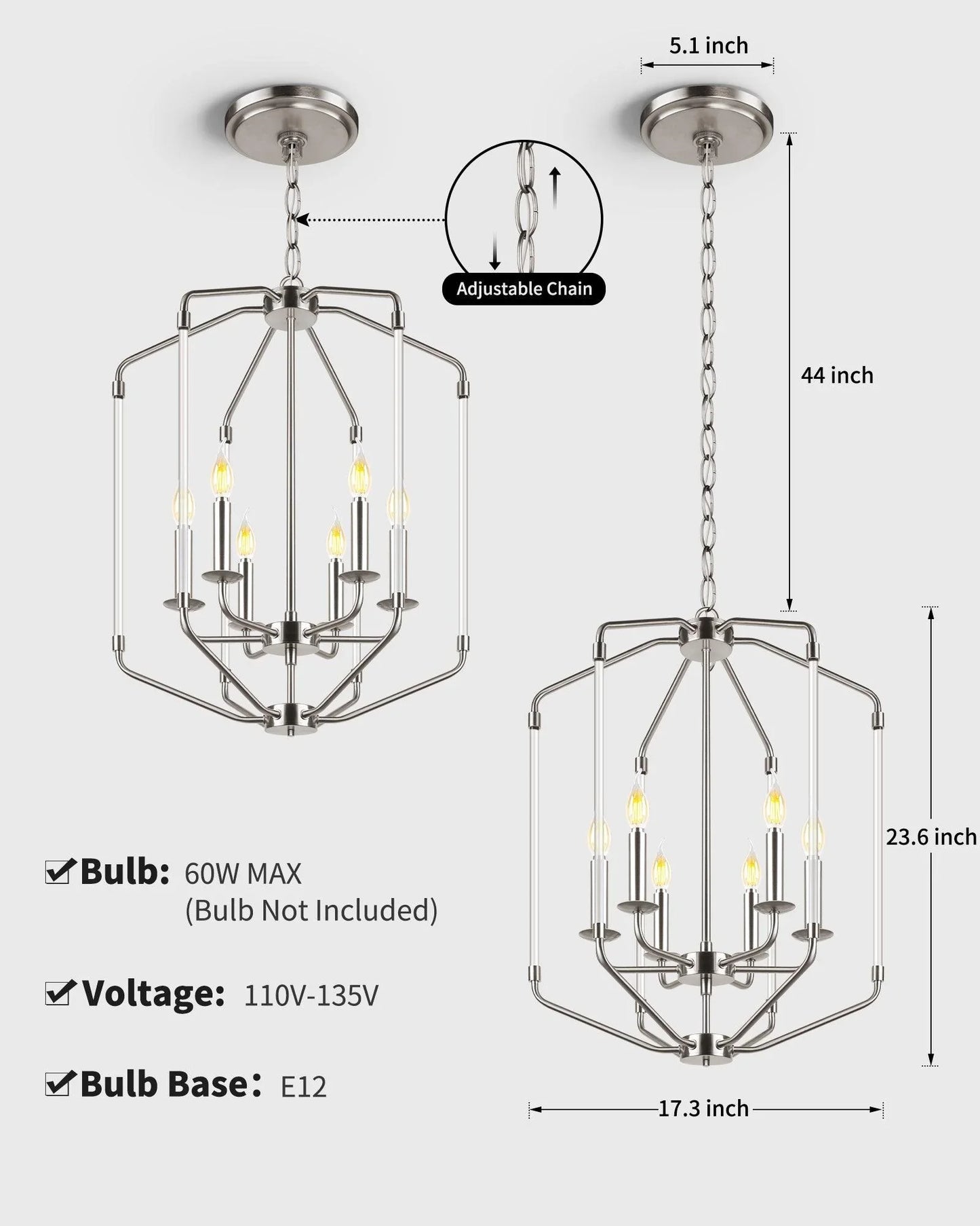 Farmhouse Chandelier 6-Light Brushed Nickel Ceiling Light - okeli lights