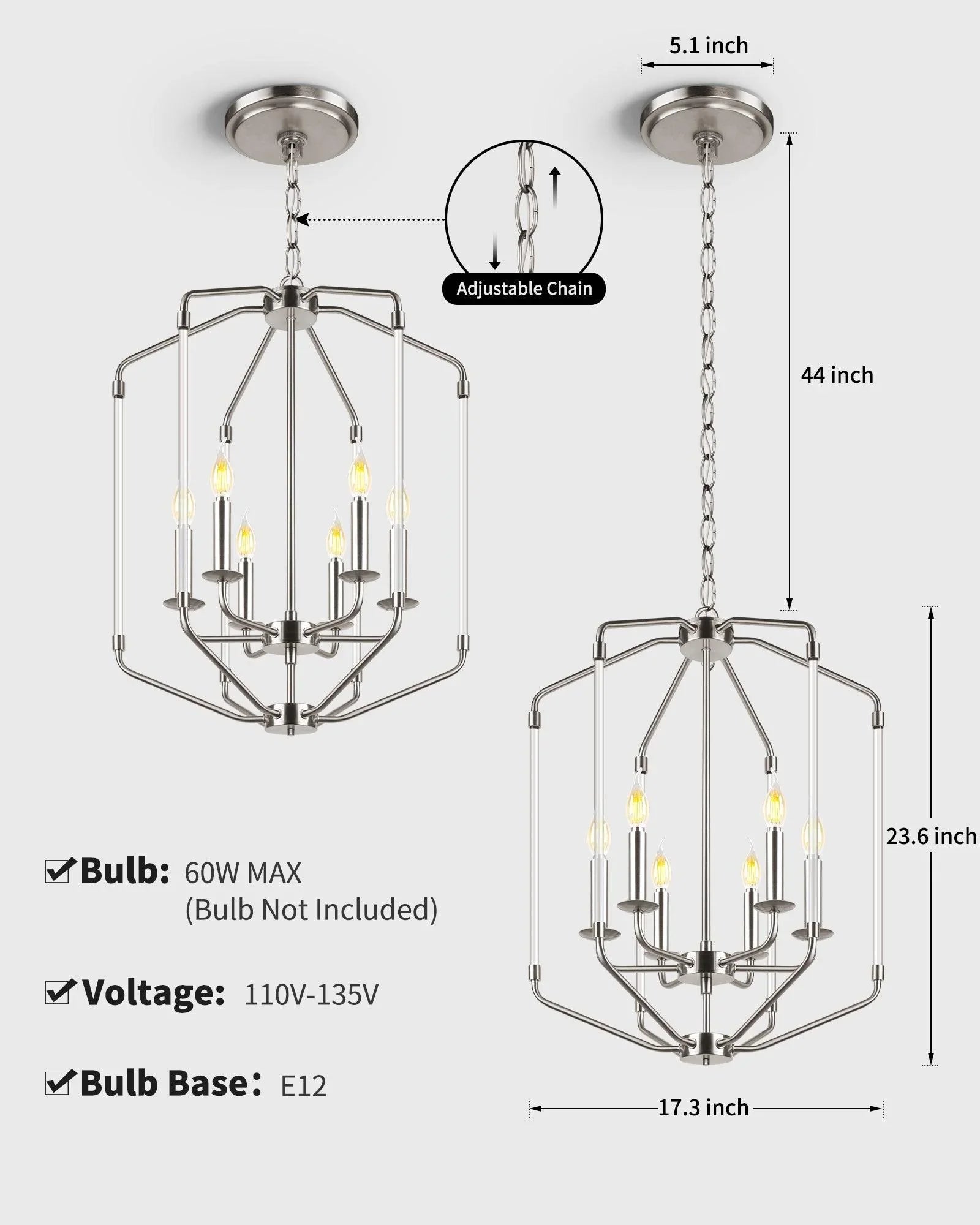 Farmhouse Chandelier 6-Light Brushed Nickel Ceiling Light - okeli lights