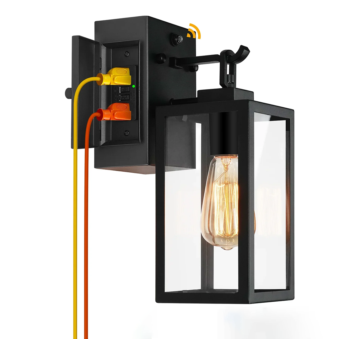 OKELI Porch Light with GFCI Outlet, Dusk to Dawn Motion Sensor Outdoor Wall Lights