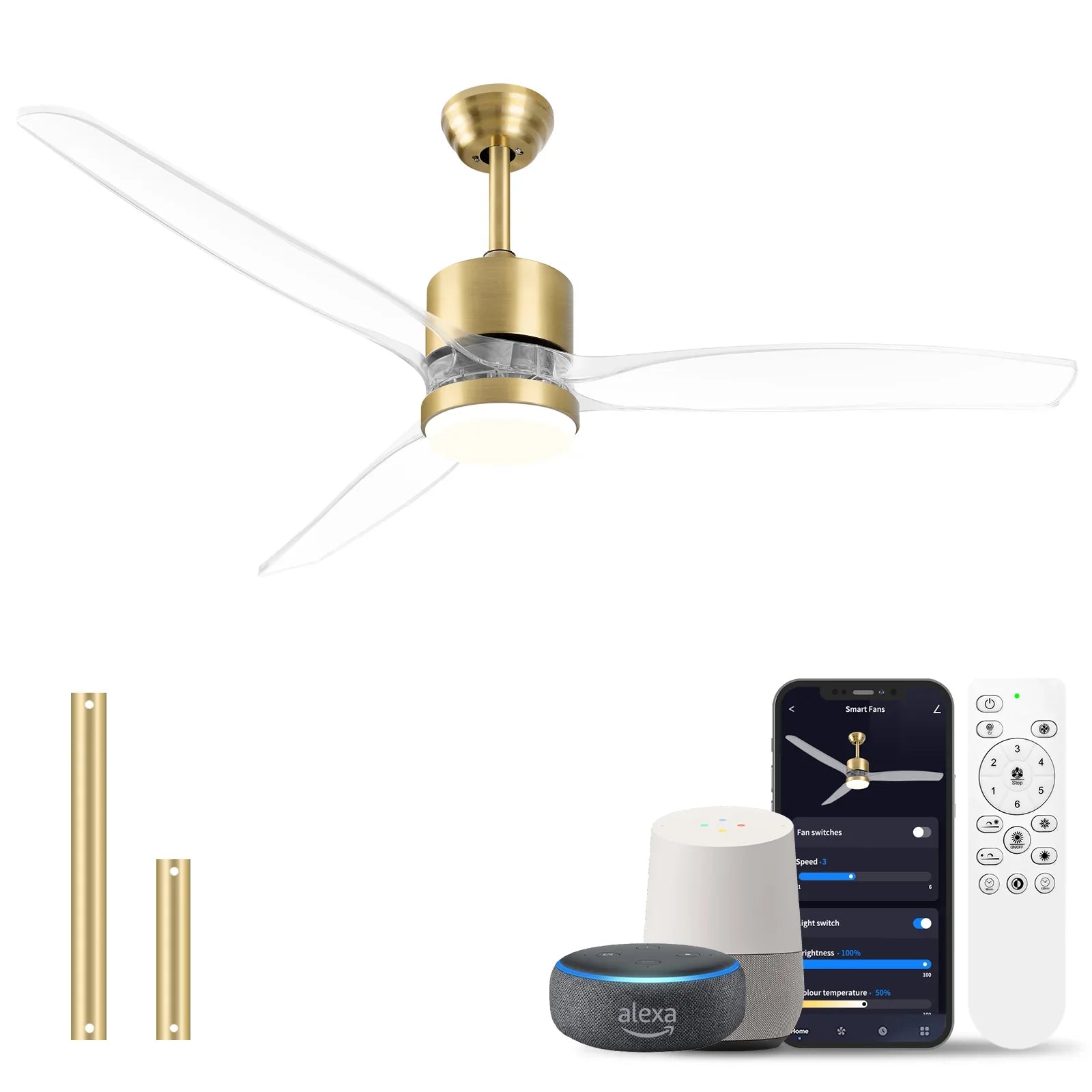 OKELI Clear Fan Blades Ceiling Fan with Light, 52 Inch Brushed Nickel Transparent Ceiling Fans 3 Reversible Blade - okeli lights