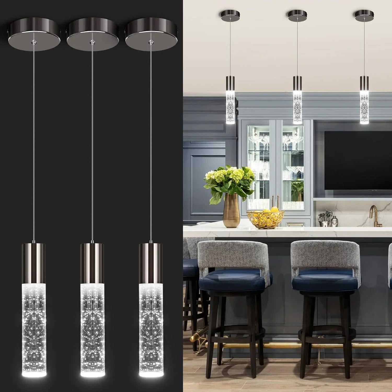 OKELI LED Bubble Crystal Kitchen Island Chrome Mini Pendant Lights 3-Pack - okeli lights
