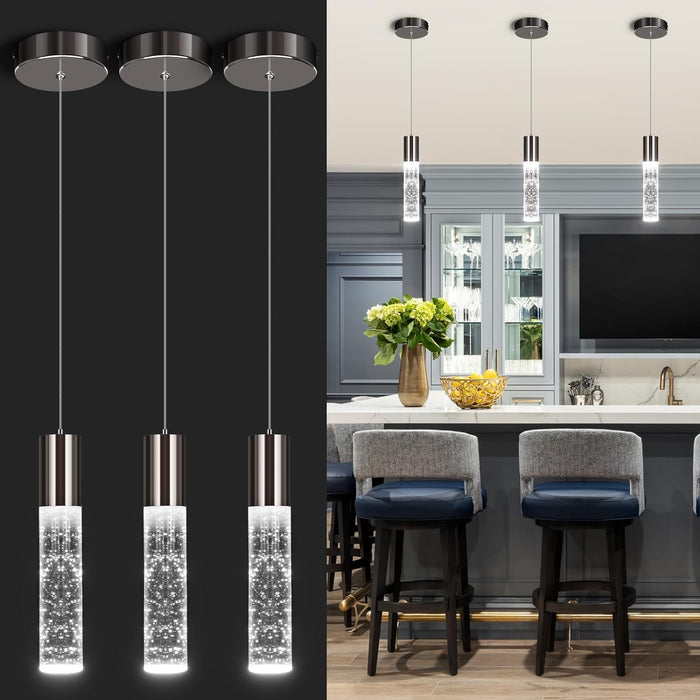 OKELI LED Bubble Crystal Kitchen Island Chrome Mini Pendant Lights 3-Pack - okeli lights