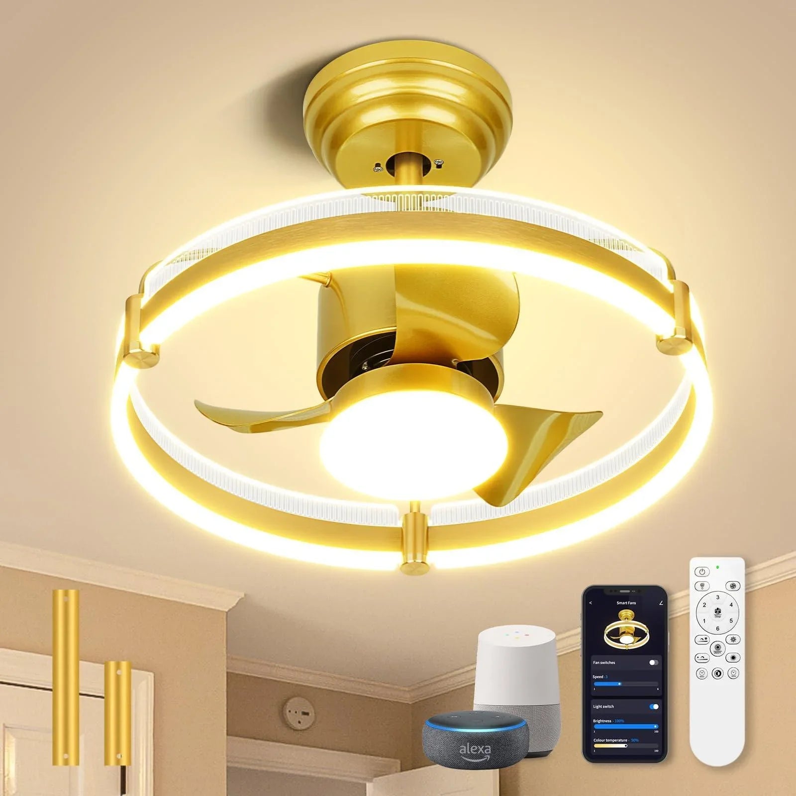 Gold Ceiling Fan, Low Profile Ceiling Fans with Lights and Remote - okeli lights