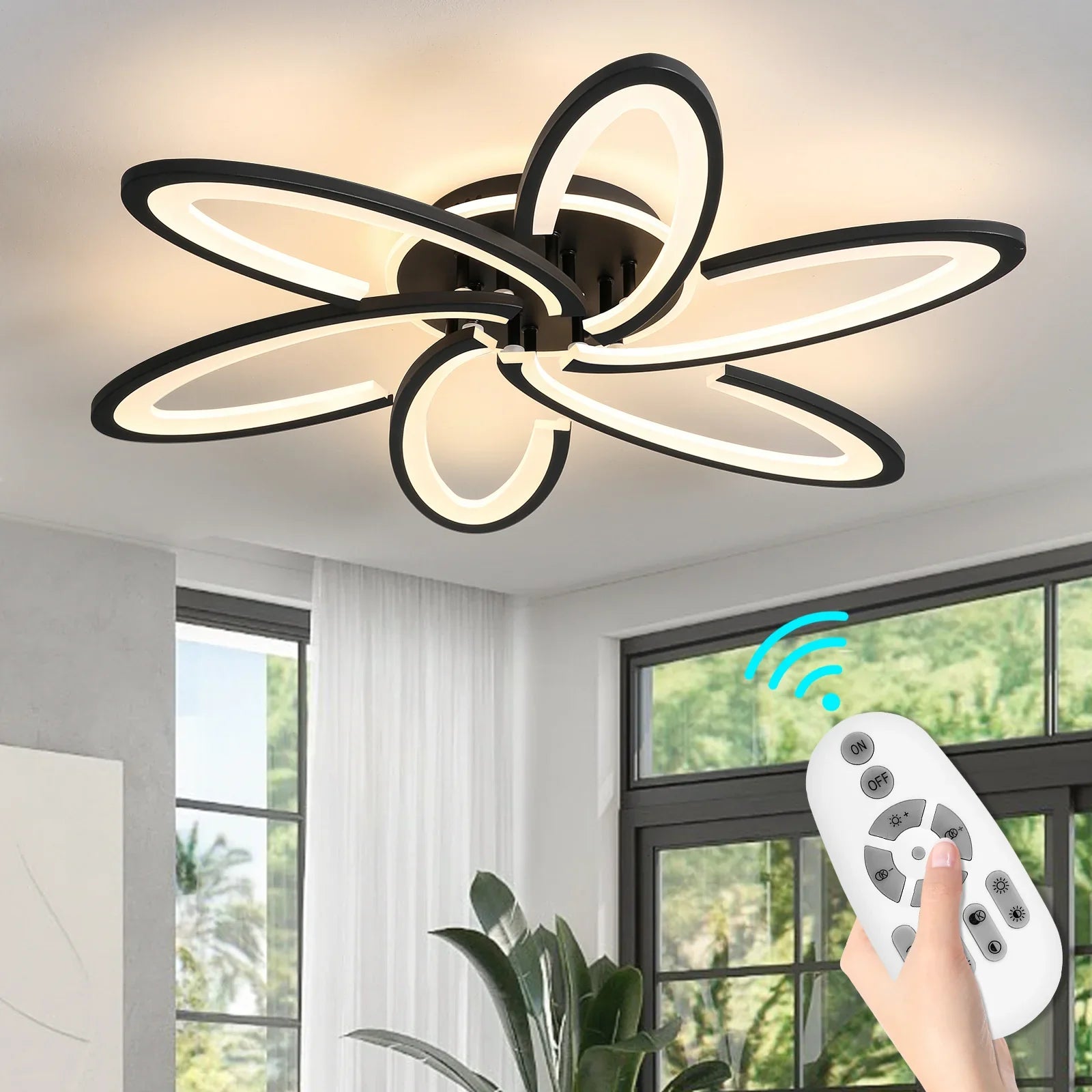 Modern LED Ceiling Light 6+1 Rings Dimmable Fixtures Flush Mount Lamp with Remote - okeli lights