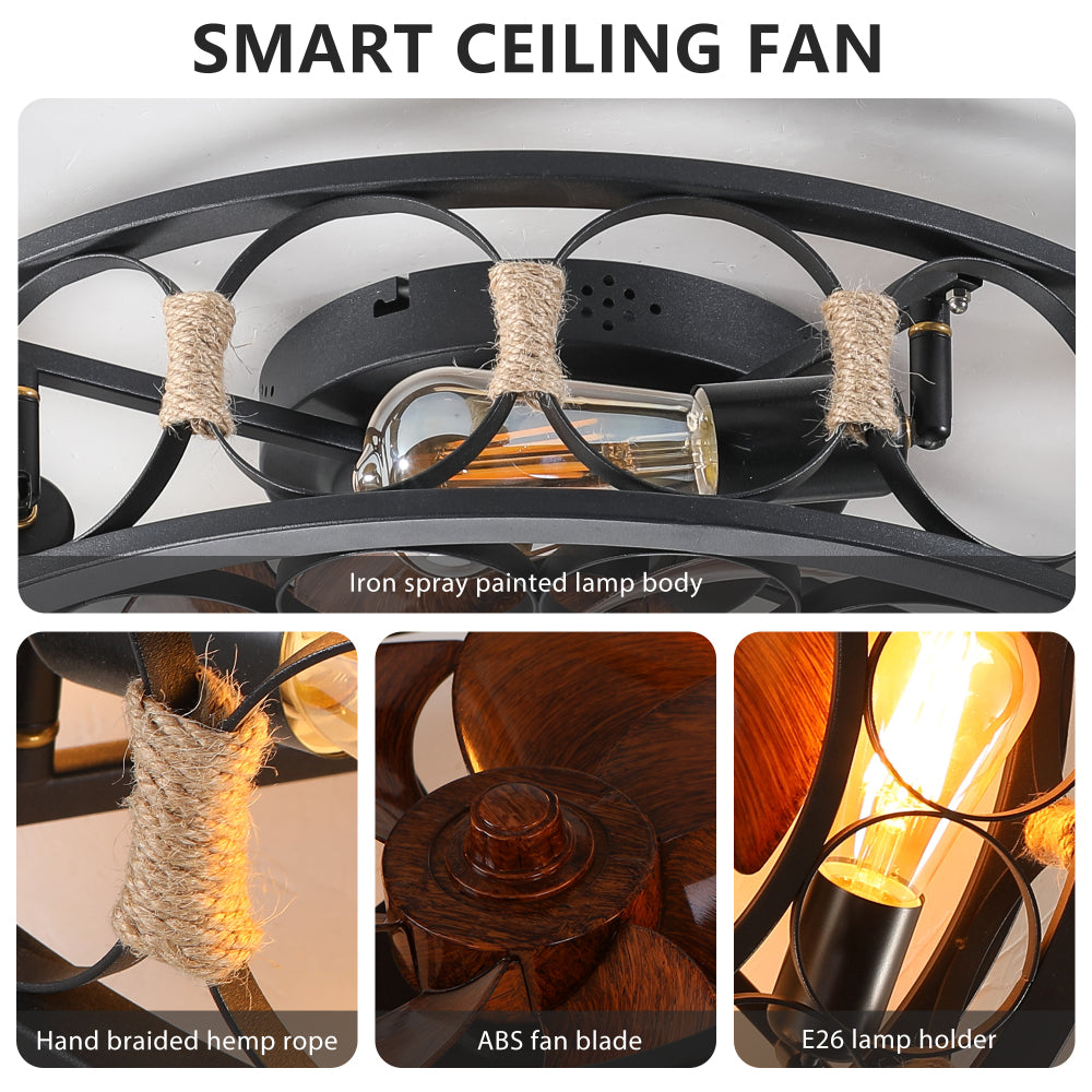 Low Profile Caged Ceiling Fan with Lights Remote Control 6 Speeds Reversible Farmhouse Flush Mount
