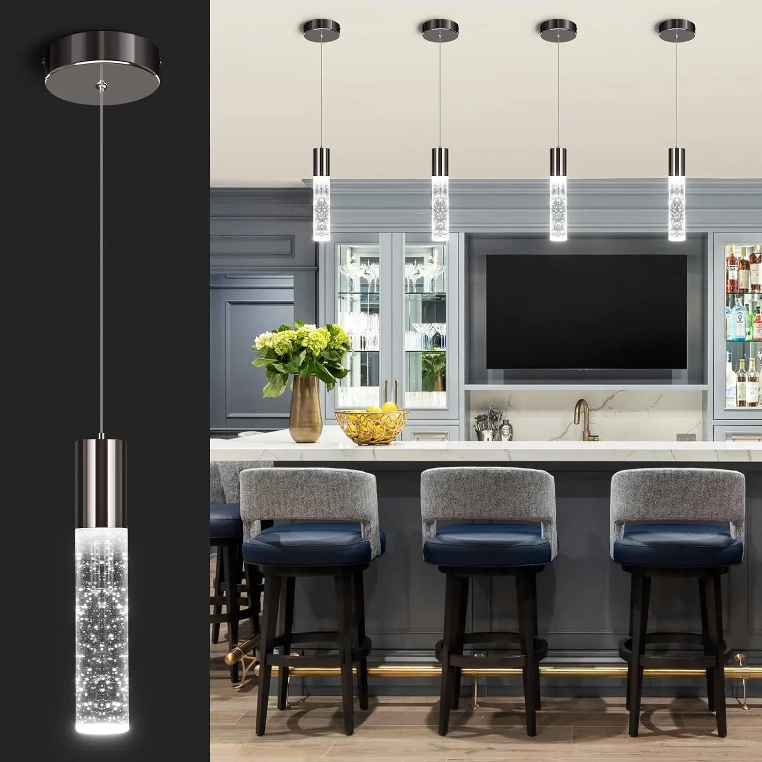OKELI Modern Pendant Light, LED Bubble Crystal Kitchen Island Lights Fixtures, Chrome Mini Single 1-Pack - okeli lights