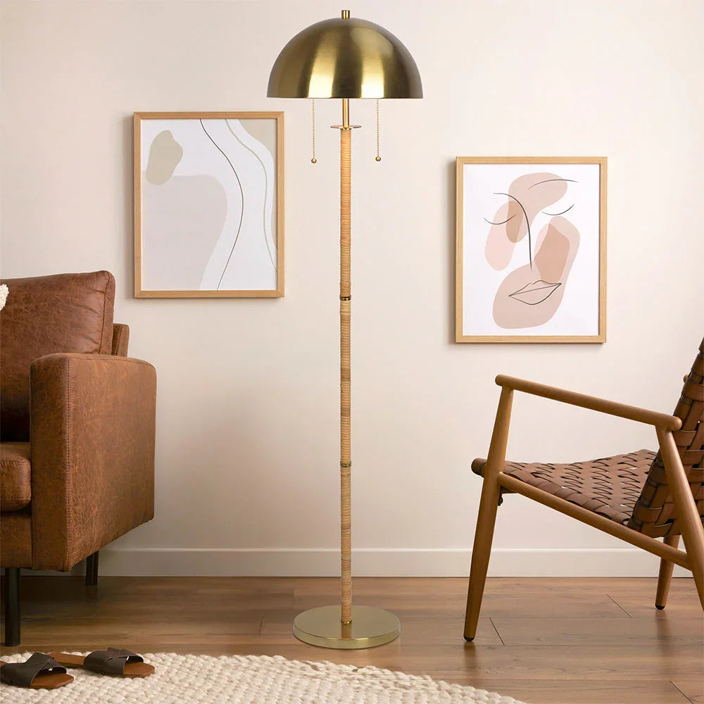 2-Light Floor Lamp Gold Brass Natural Rattan Tube Double On/Off Pull Chain - okeli lights