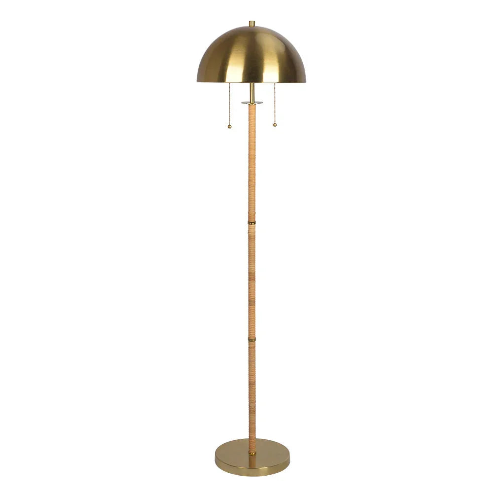 2-Light Floor Lamp Gold Brass Natural Rattan Tube Double On/Off Pull Chain - okeli lights