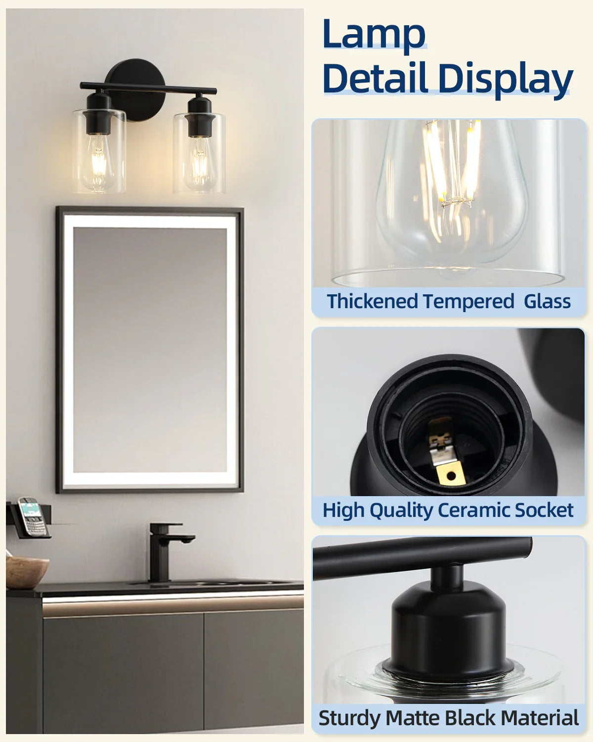 2-Light Matte Black Bathroom Light Fixtures Over Mirror with Clear Glass Shade Wall Sconce Light - okeli lights