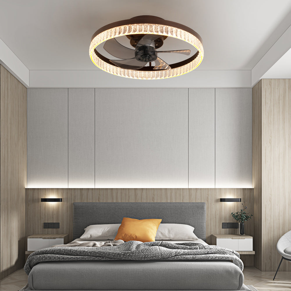 20" Ceiling Fan with LED Light Modern Flush Mount Crystal Ring Design