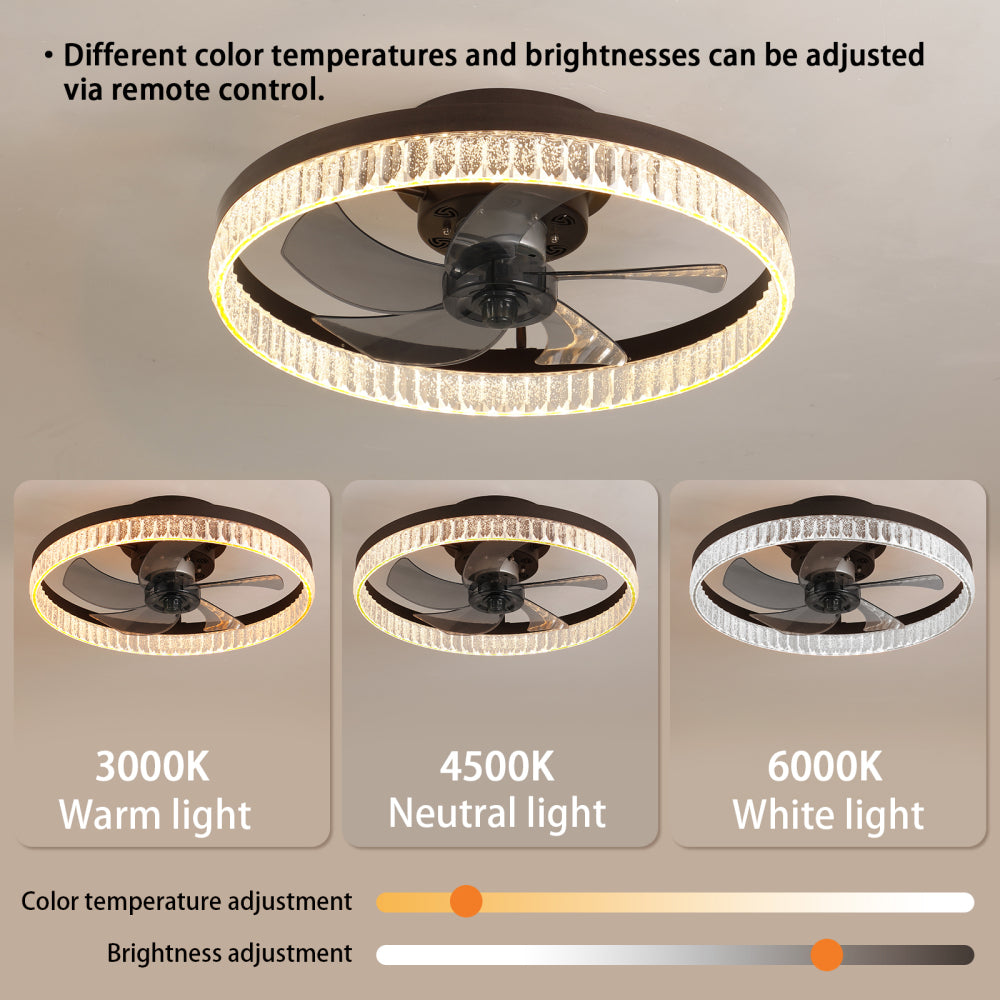 20" Ceiling Fan with LED Light Modern Flush Mount Crystal Ring Design