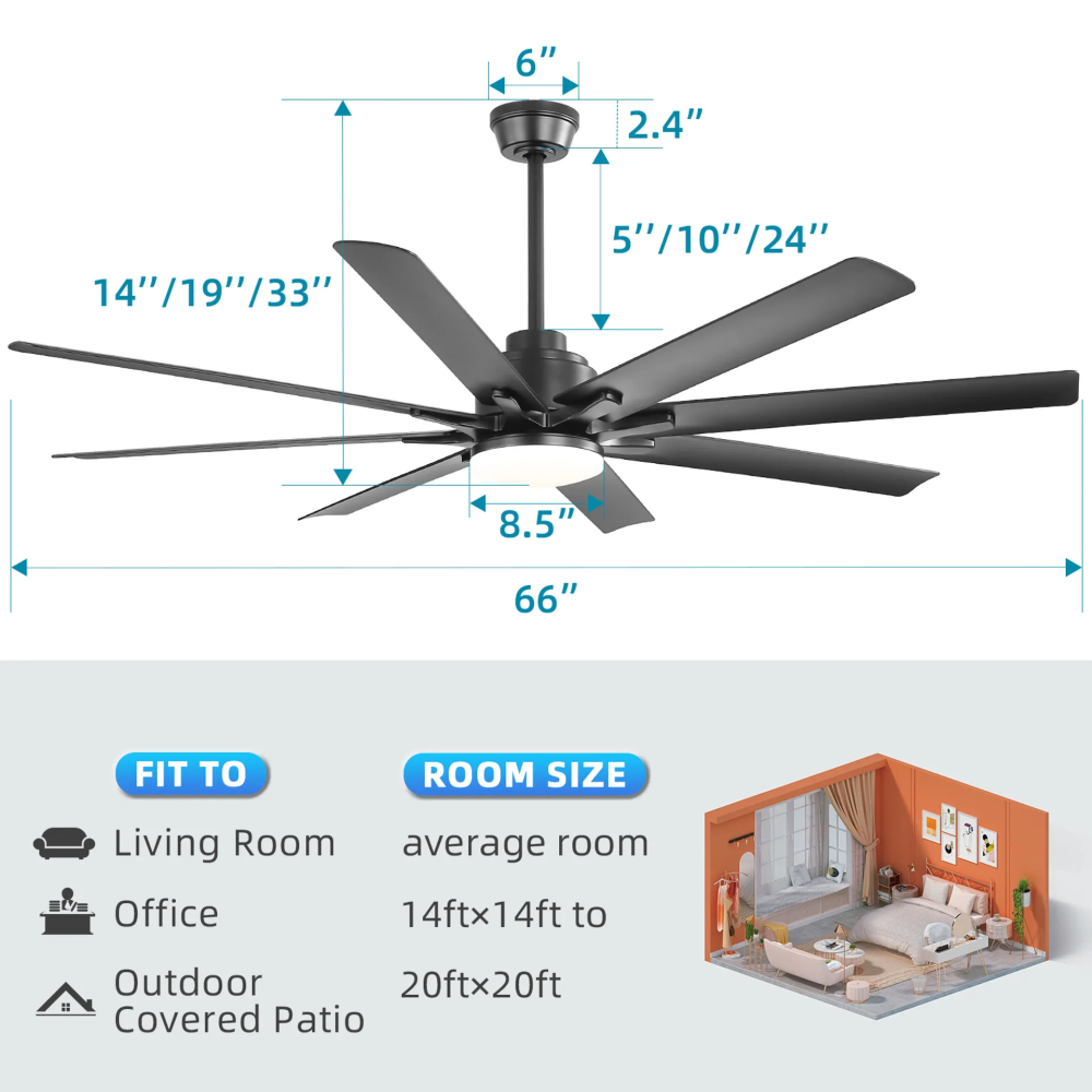 66" Modern Smart Ceiling Fan with LED Light, Dimmable, 8 ABS Blades, Quiet Reversible DC Motor, Remote & App Control