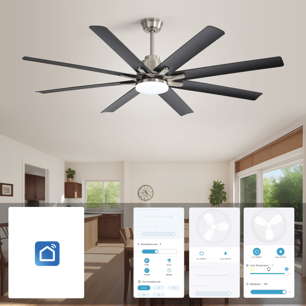 66" Modern Smart Ceiling Fan with LED Light, Dimmable, 8 ABS Blades, Quiet Reversible DC Motor, Remote & App Control