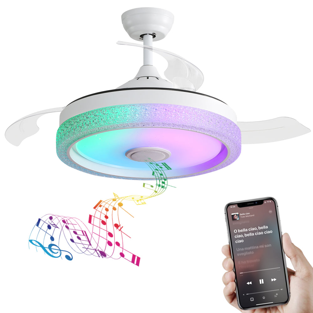 42" Modern Invisible Ceiling Fan with LED Light, RGB Bluetooth Speaker, Remote & APP Control, Reversible DC Motor
