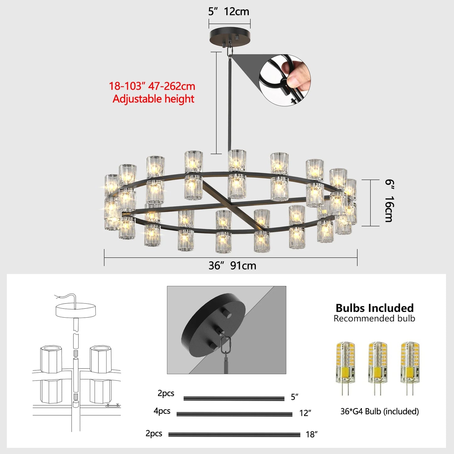 36 Inches Luxury Chandeliers Crystal Living Room Decorative Lights Simple Modern Dining Room(Bulbs Included) - okeli lights