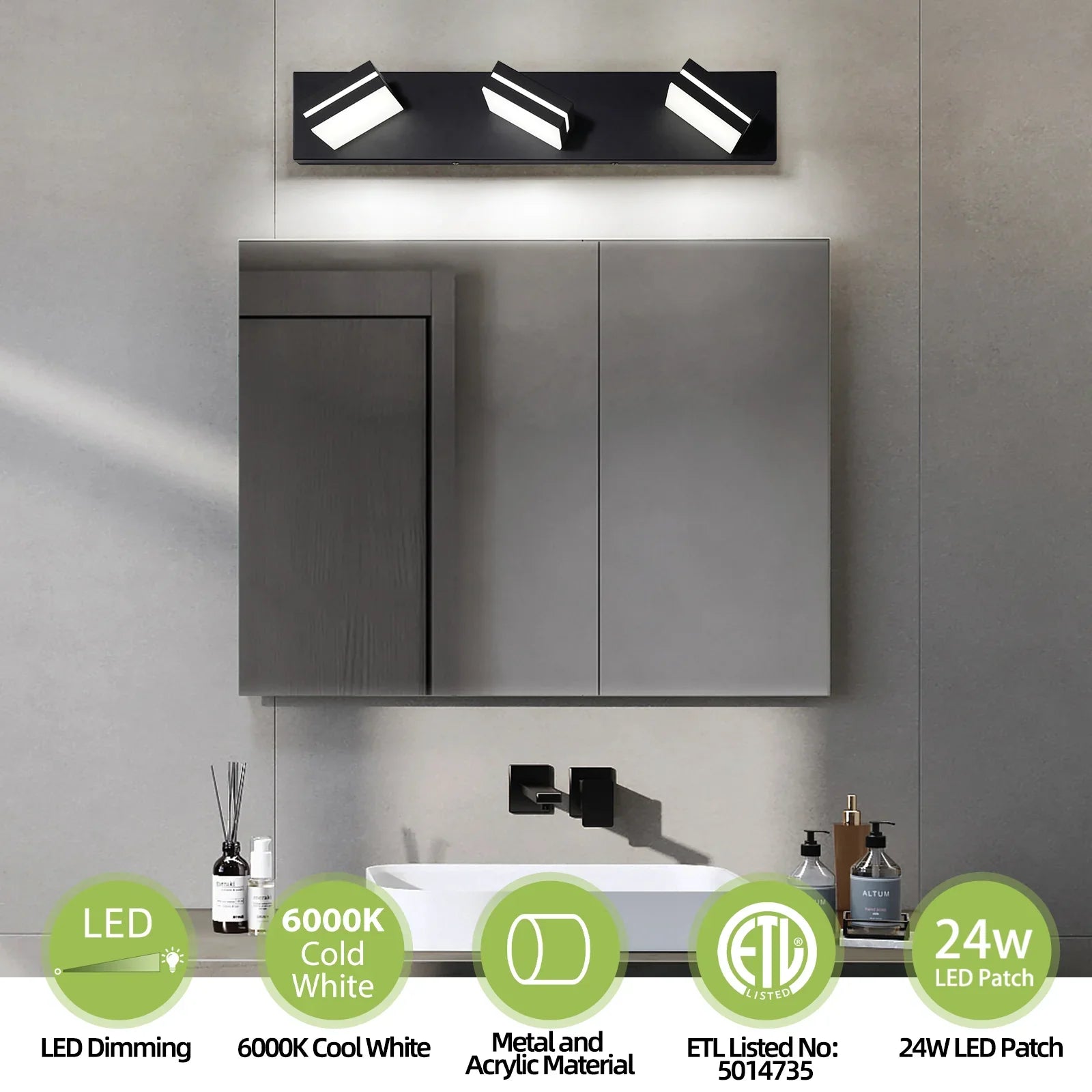 Modern Bathroom Vanity Light Fixtures LED 3-Light 360° Rotatable Matte Black - okeli lights