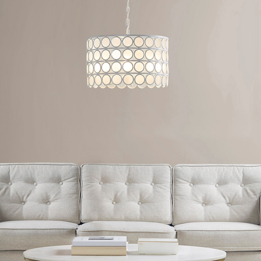 4-Light Glass Drum Shade Chandelier Mid-Century Modern White Ceiling Light for Dining Room & Kitchen
