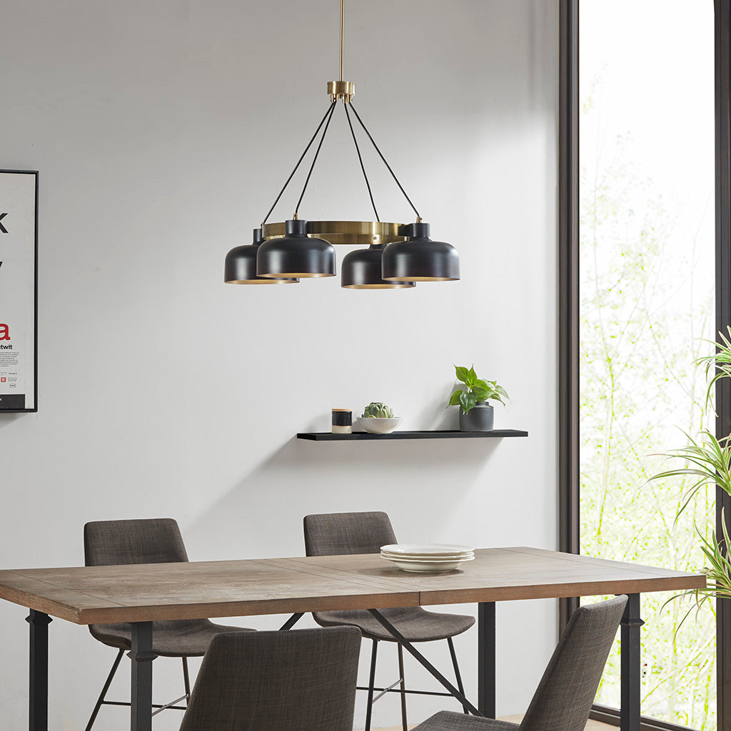 4-Light Metal Shade Chandelier Mid-Century Modern Black & Gold Ceiling Light for Dining Room & Living Room