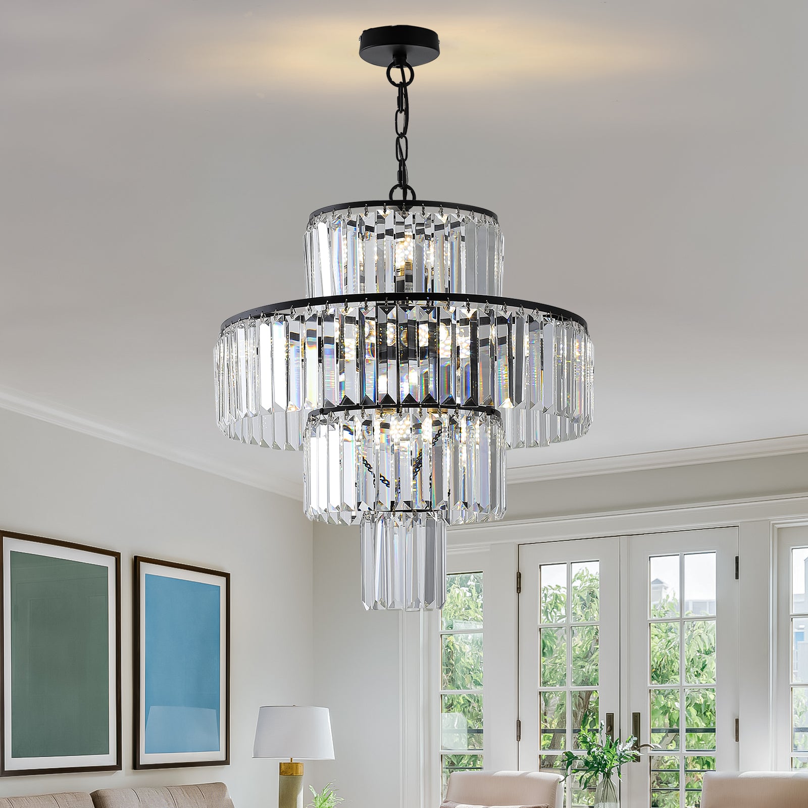 20" Modern Crystal Chandelier with Black Finish 4-Tier Design Elegant Fixture