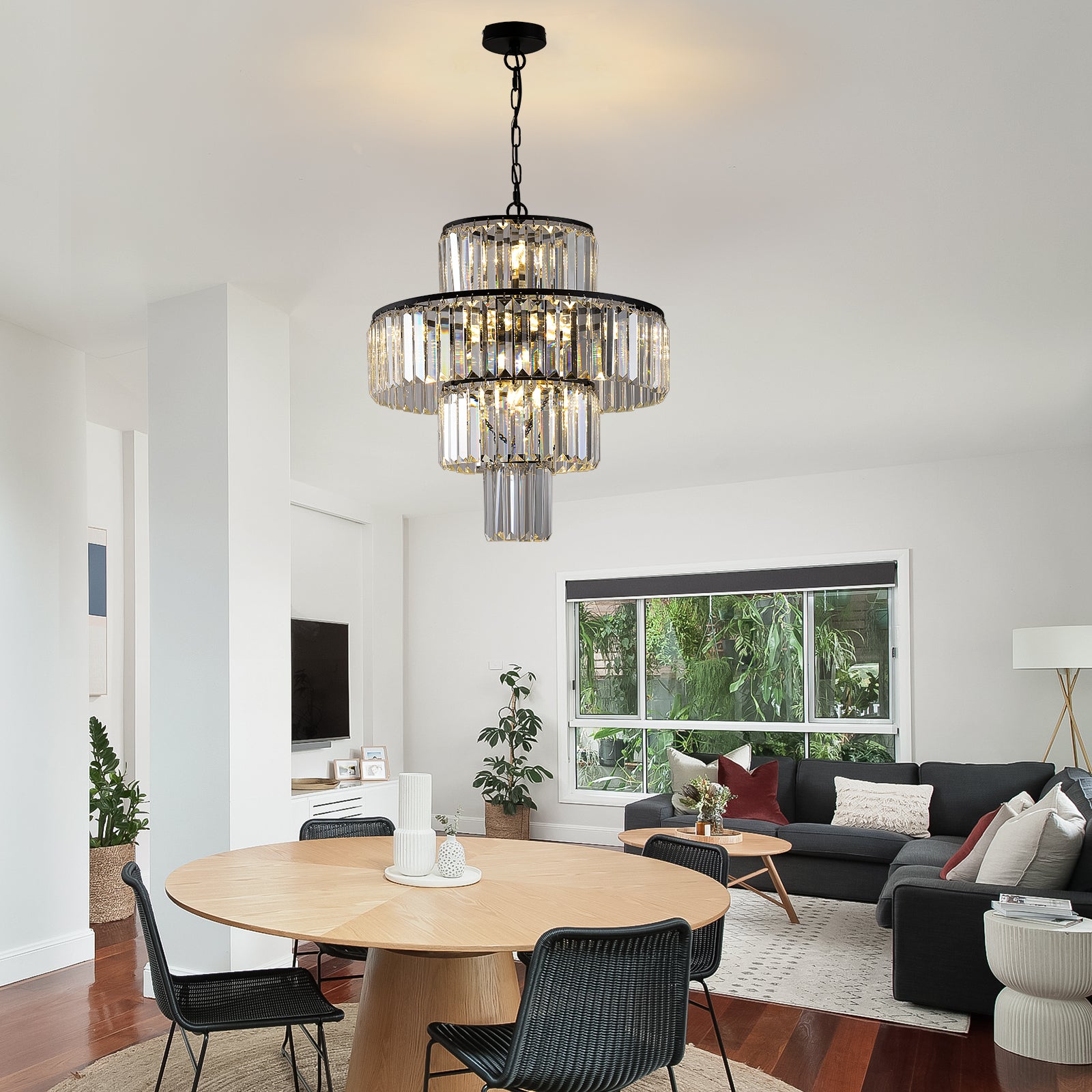 20" Modern Crystal Chandelier with Black Finish 4-Tier Design Elegant Fixture