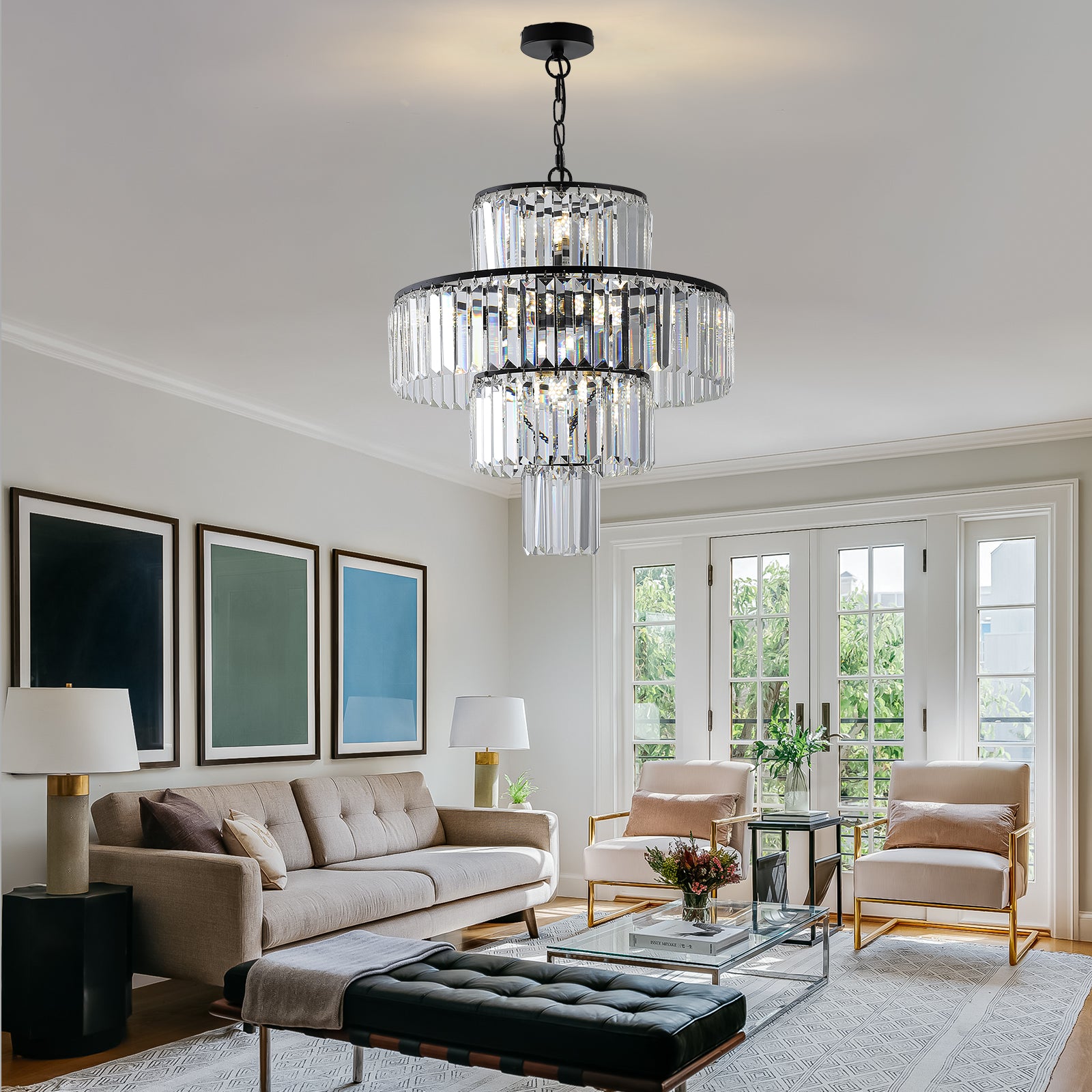 20" Modern Crystal Chandelier with Black Finish 4-Tier Design Elegant Fixture