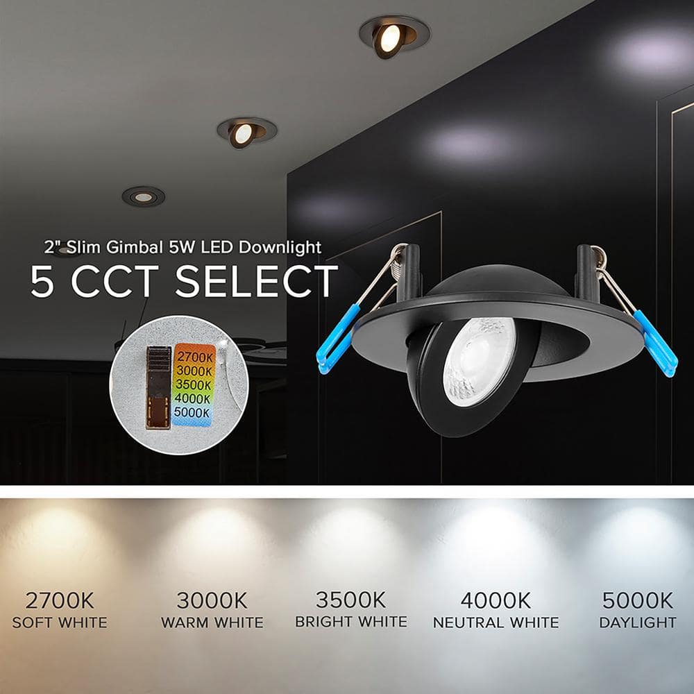 OKELI Adjustable Slim Recessed LED Floating Gimbal Downlight, 360-Lumens, 5-CCT Color Selectable 2700K-5000K, Black Trim