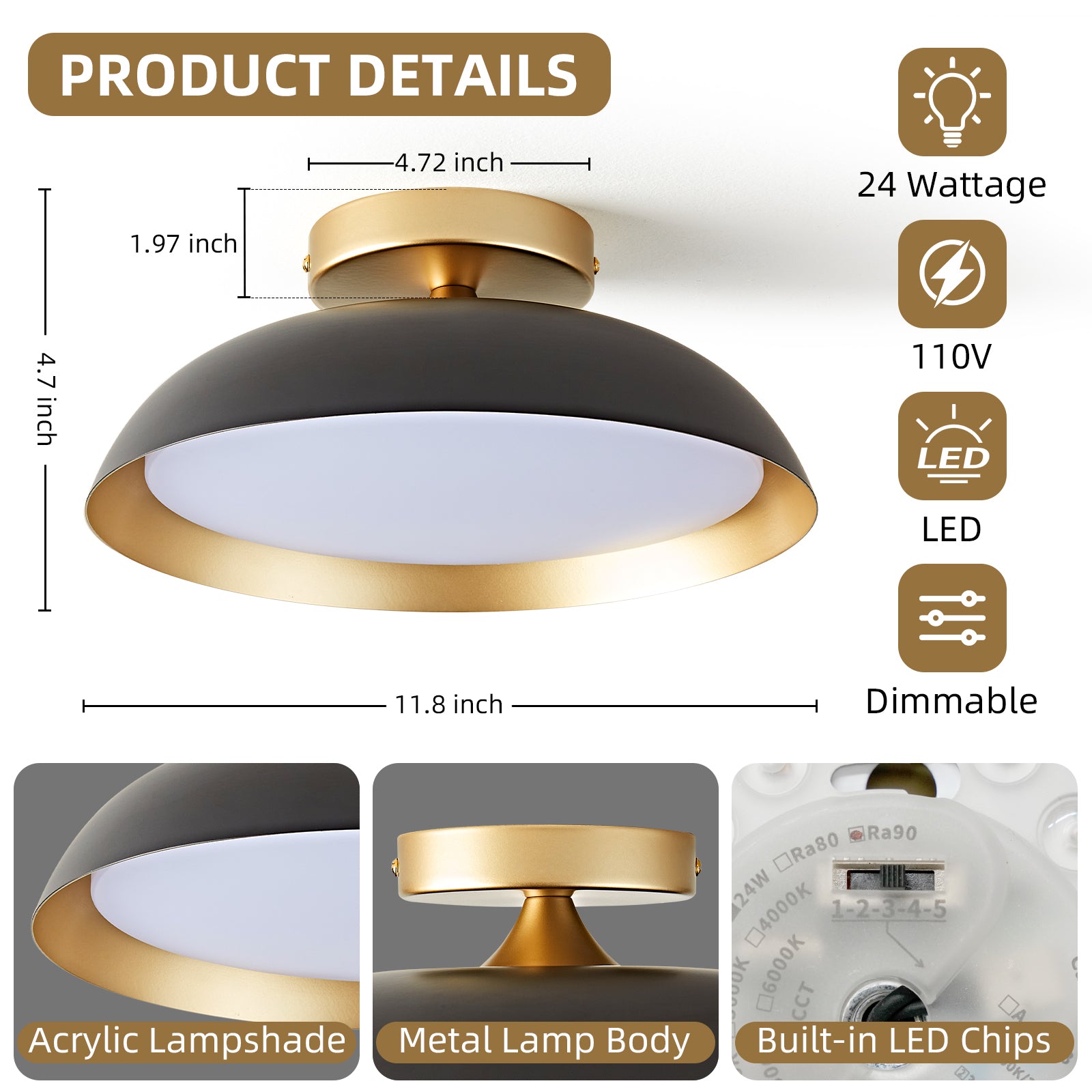 OKELI Dimmable LED Ceiling Light Fixture, 5CCT Modern Semi Flush Mount Ceiling Light 2700K-6000K