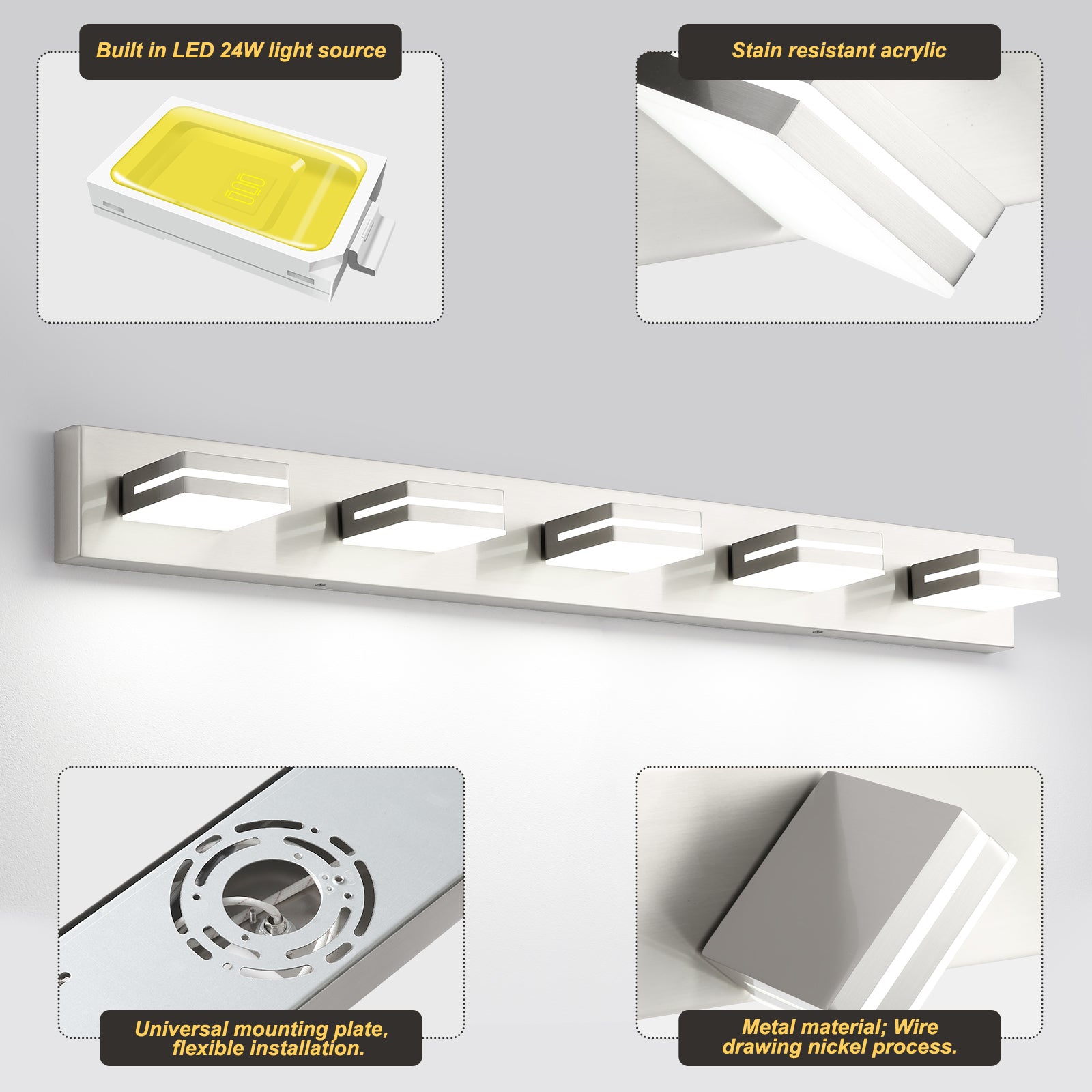 5-Light Bathroom Vanity Modern LED Light Over Mirror Dimmable Mirror Front Lighting