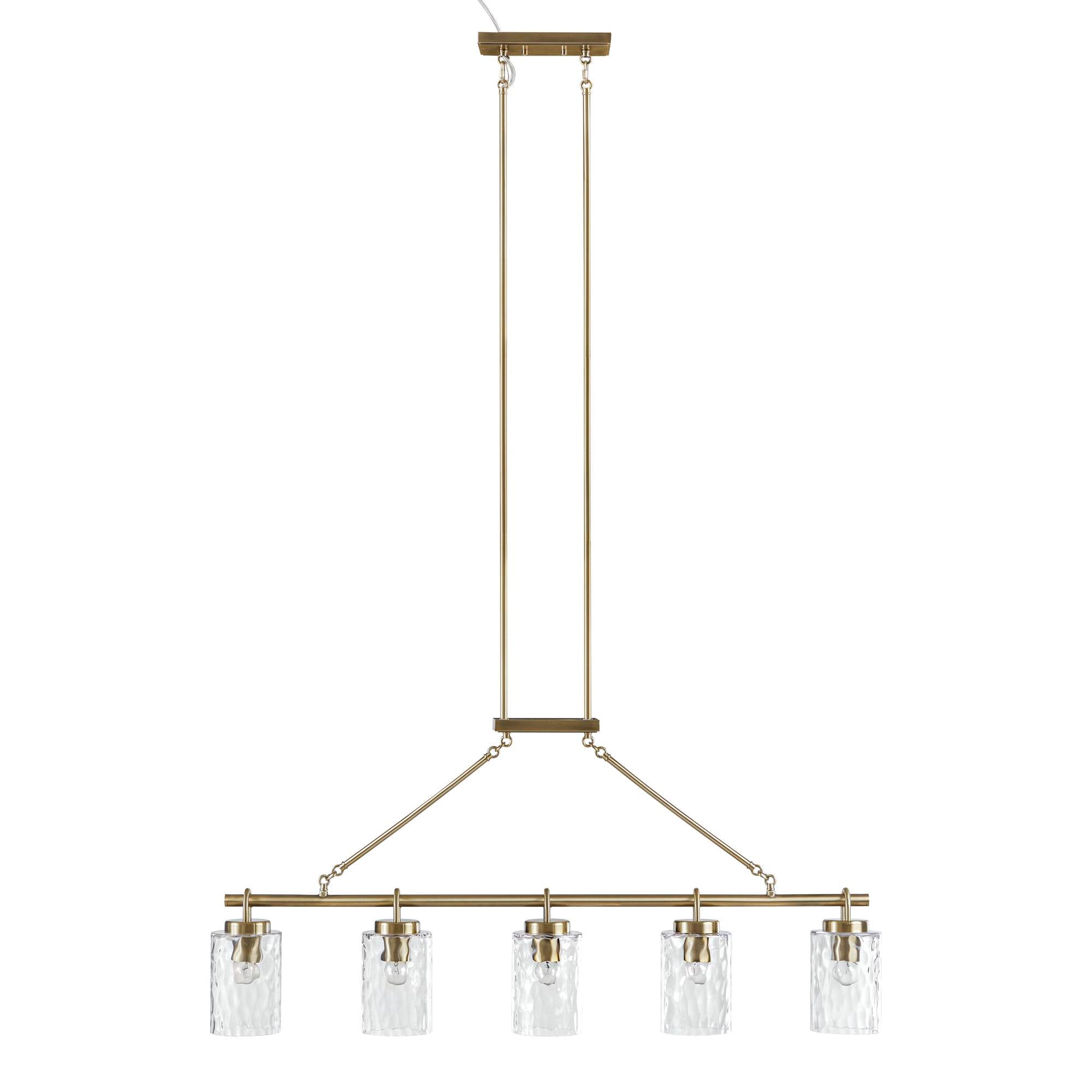 5-Light Linear Chandelier with Textured Glass Shades Transitional Antique Brass Dining Room & Kitchen Island Lighting