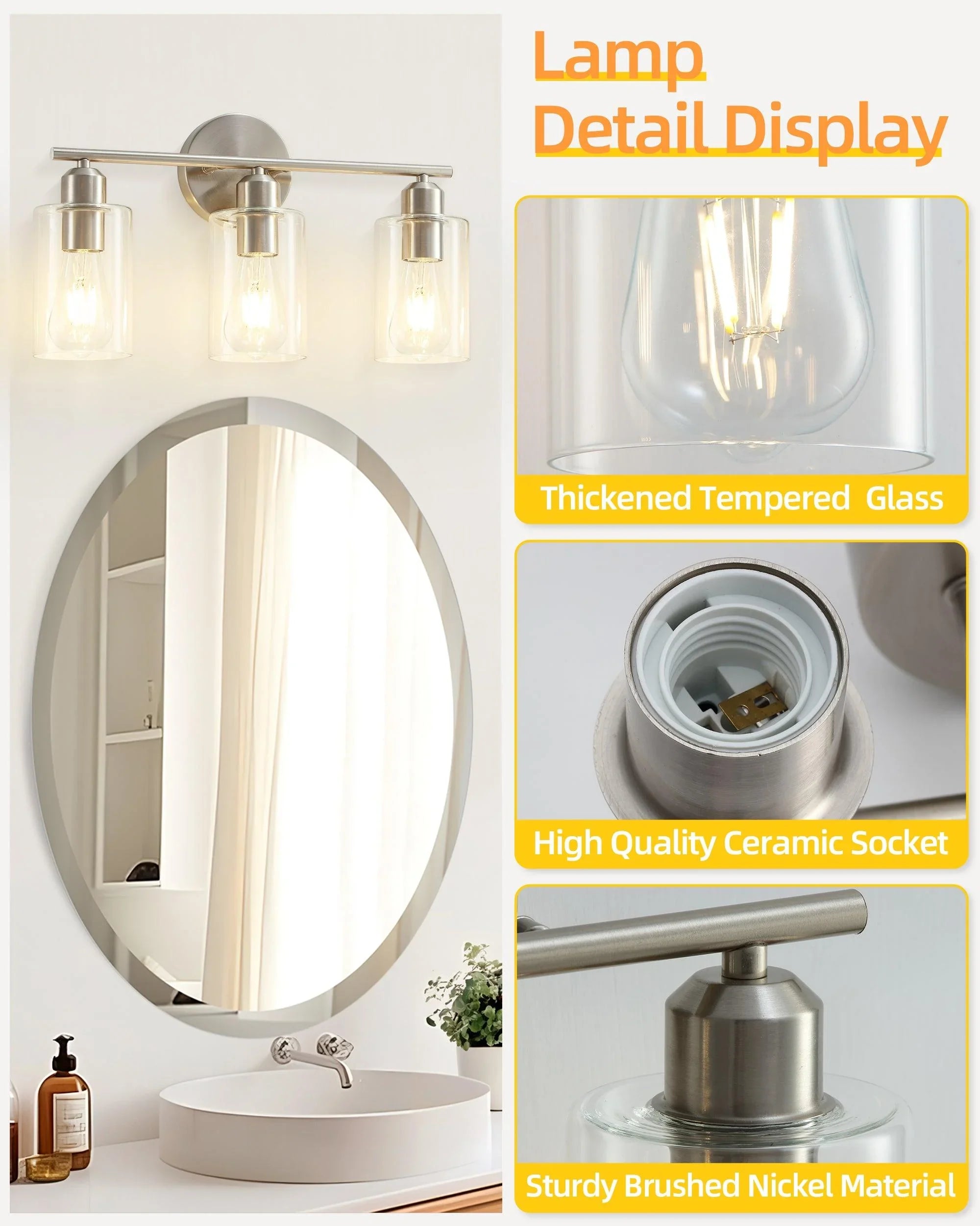 Bathroom Vanity Light Brushed Nickel Fixtures with Clear Glass Shade - okeli lights