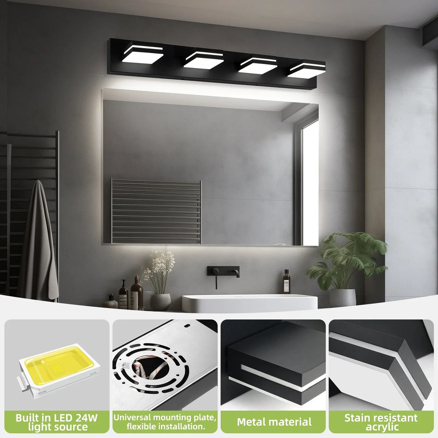 Modern Bathroom Light Fixtures Dimmable 4 Light Black Bathroom Vanity Light 360°Rotatable - okeli lights