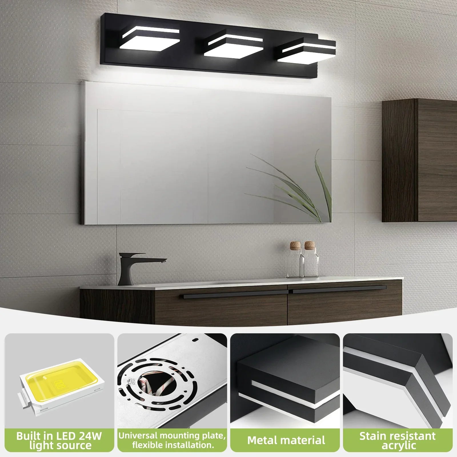 Modern Bathroom Vanity Light Fixtures LED 3-Light 360° Rotatable Matte Black - okeli lights