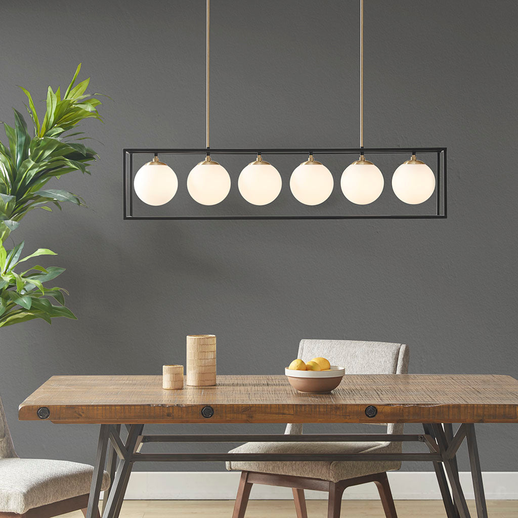 6-Light Linear Glass Globe Chandelier Industrial Vintage Brass Dining Room & Kitchen Island Pendant Lighting