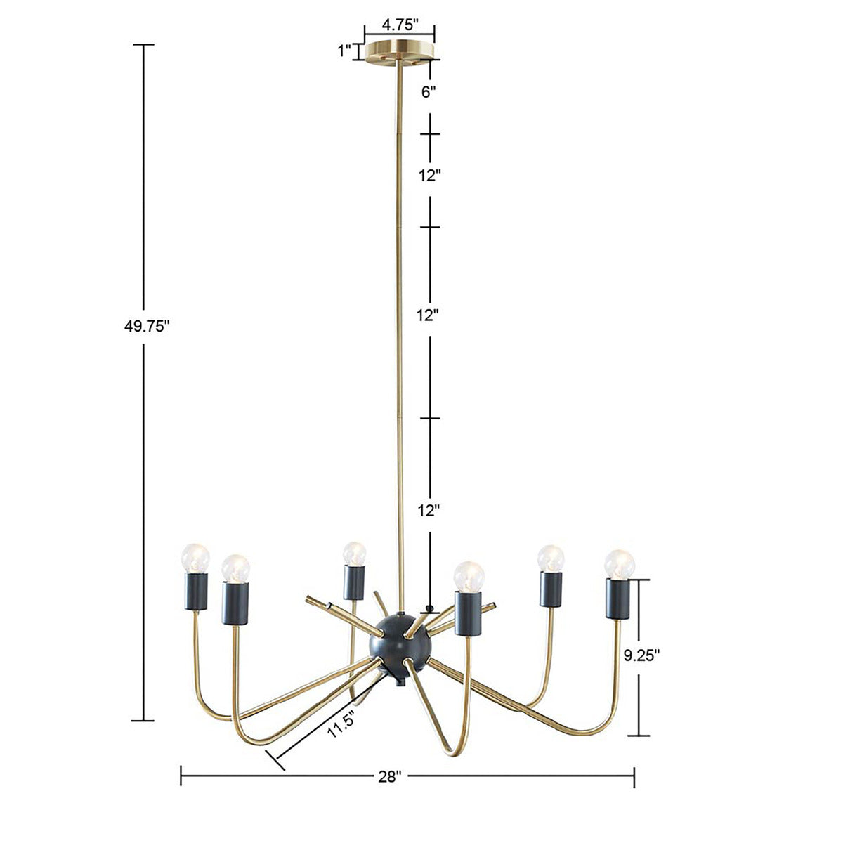 6-Light Metal Chandelier Modern Antique Brass & Black Ceiling Light for Dining Room & Kitchen