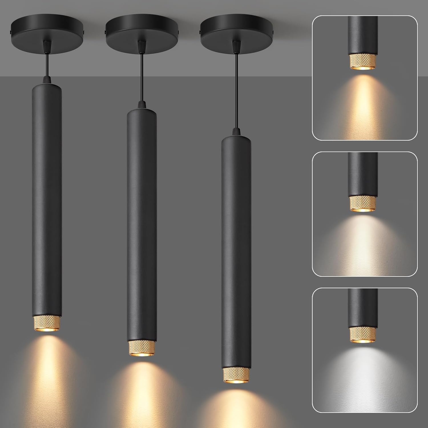 OKELI Black LED Pendant Light, 3CCT Dimmable Hanging Light with Adjustable Beam Angle, 7W Modern Cylinder Pendant
