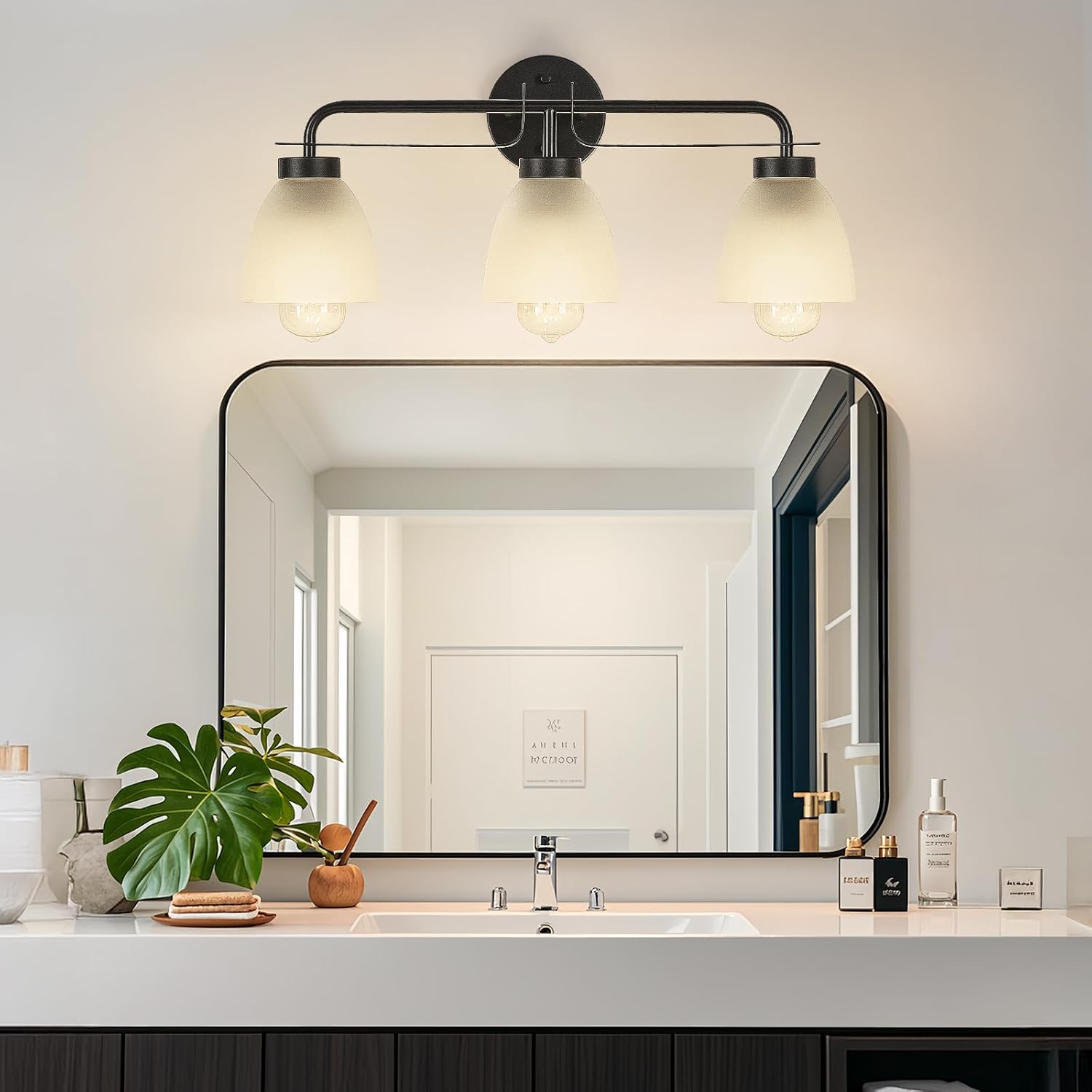 Mid-Century Modern Bathroom Vanity Light Wall Sconce with Frosted White Glass Shades E26 Base