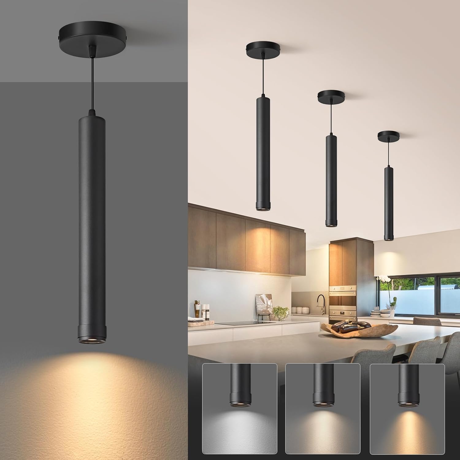OKELI Black LED Pendant Light, 3CCT Dimmable Hanging Light with Adjustable Beam Angle, 7W Modern Cylinder Pendant