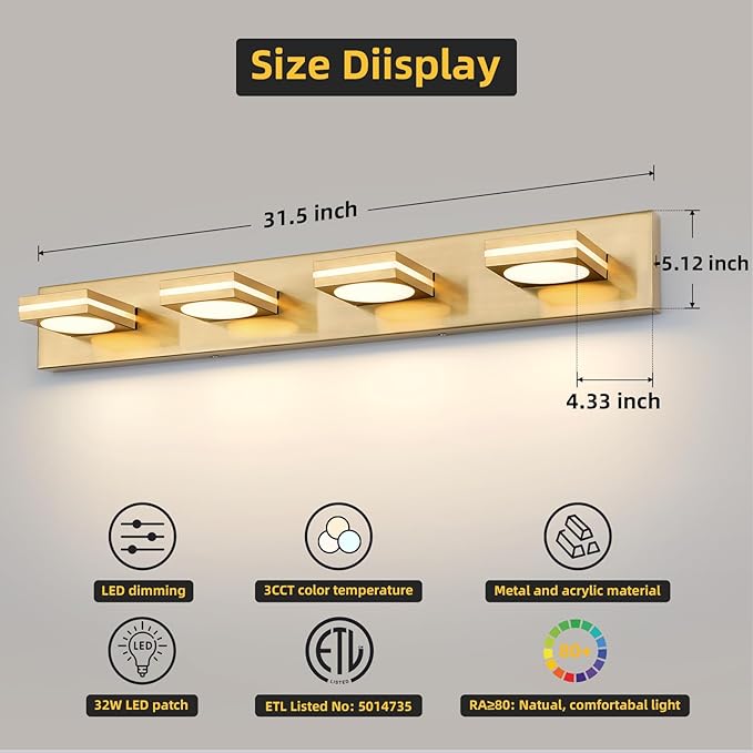 OKELI 4-Light LED Bathroom Vanity Light Fixtures Gold Modern Wall Lighting Fixtures Over Mirror 3CCT 3000K-6000K