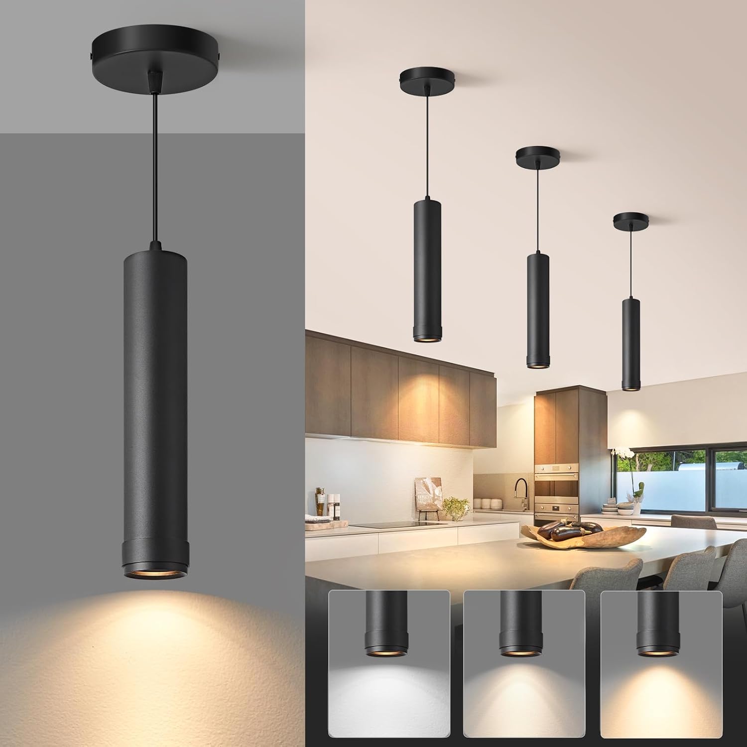 OKELI Black LED Pendant Light, 3CCT Dimmable Hanging Light with Adjustable Beam Angle, 7W Modern Cylinder Pendant