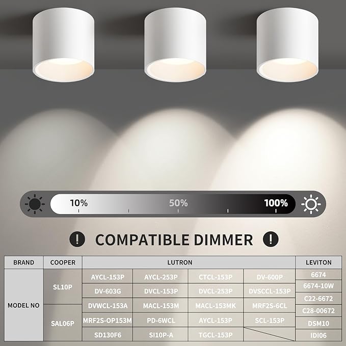 Three cylindrical ceiling lights with a compatibility chart for dimmer compatibility.