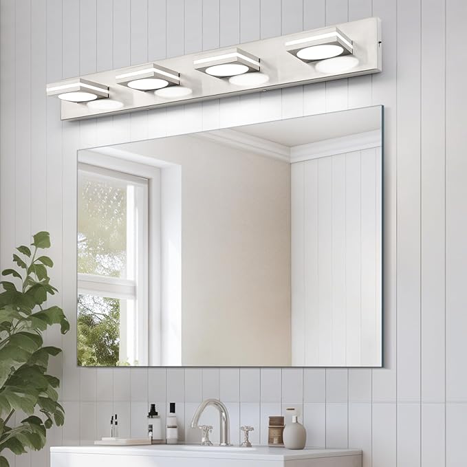 OKELI LED Modern Bathroom Vanity Light Fixtures Brushed Nickel Acrylic Wall Lighting Fixtures Over Mirror 3CCT ETL Listed Dimmable 3-4-Light 4-light