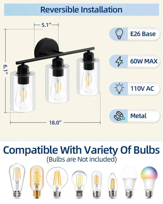 Black Bathroom Vanity Lights with Clear Glass Shade Wall Lighting - okeli lights