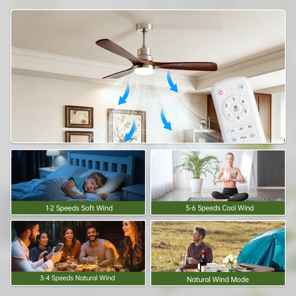 52-Inch Modern Ceiling Fan with Light, 3-Blade DC Motor Ceiling Fan with Remote Control, 6 Speeds, 3 CCT, Brushed Nickel & Black