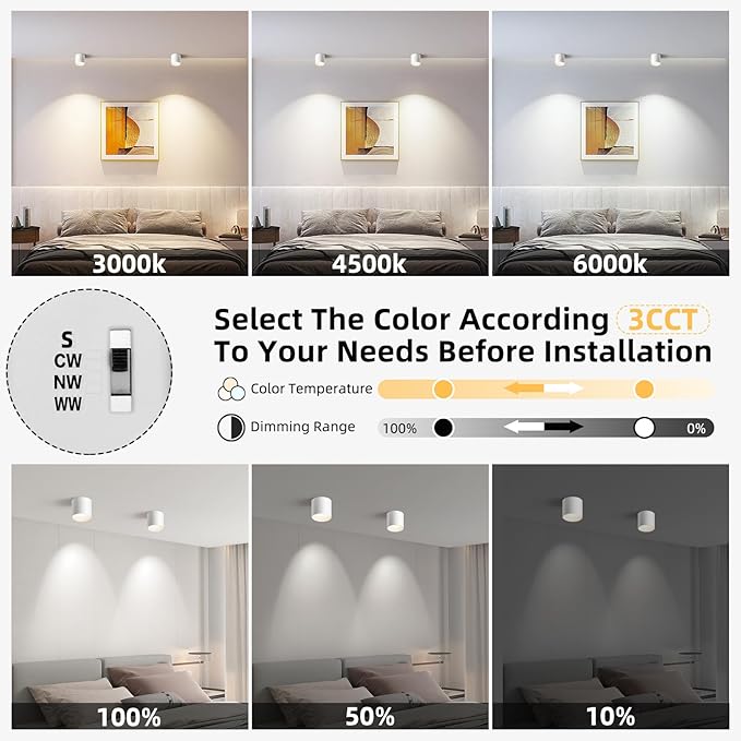 LED light fixture with color temperature options displayed in a bedroom setting.